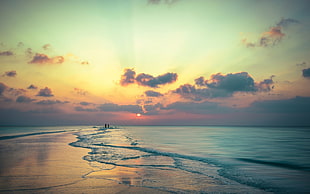 white clouds, beach, sunset, sea