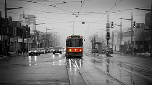 red and black city tram, cityscape, tram, selective coloring, rain HD wallpaper