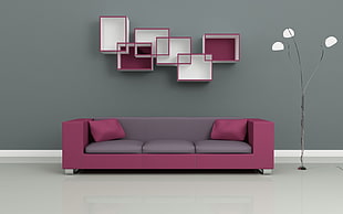 pink and gray 3-seat sofa with two throw pillows HD wallpaper