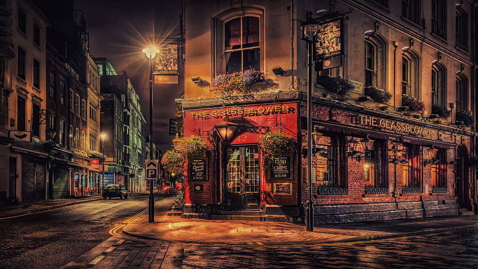 red and gray concrete building, city, night, London, pub HD wallpaper