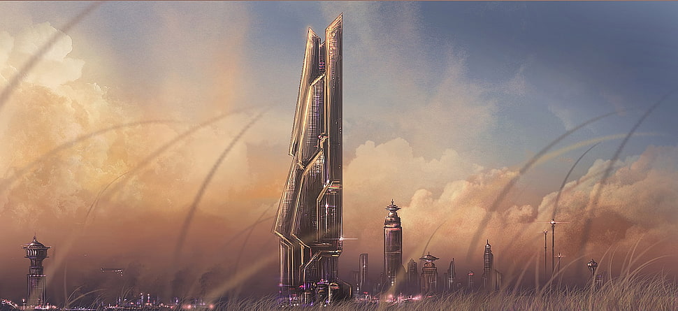 gray tower digital wallpaper, science fiction, futuristic, artwork, digital art HD wallpaper