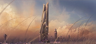 gray tower digital wallpaper, science fiction, futuristic, artwork, digital art