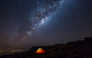 red tent under milky way, night, camping, stars, landscape HD wallpaper
