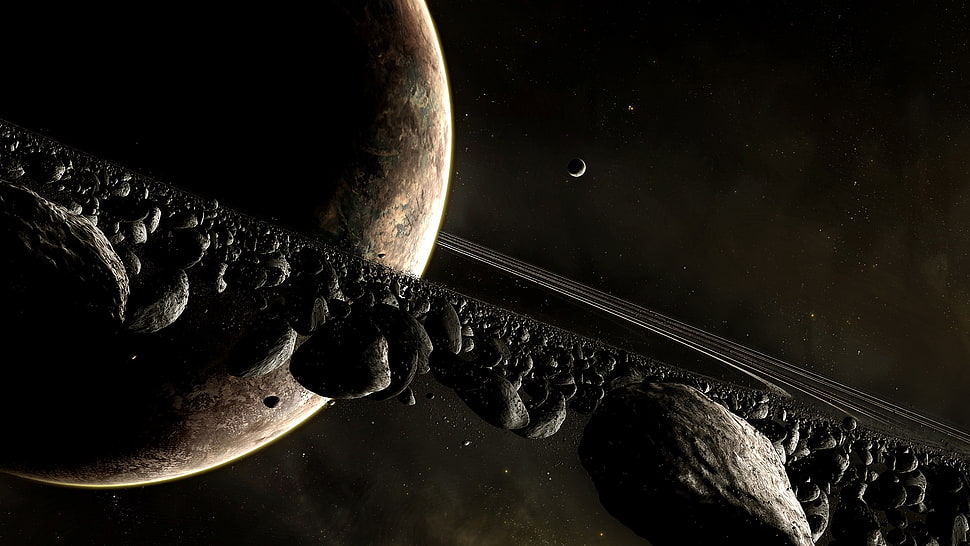 brown planet and black asteroids photo HD wallpaper