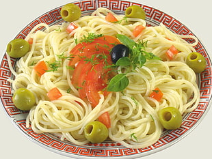 pasta dish with sliced tomatoes and olives served on red and white ceramic bowl HD wallpaper