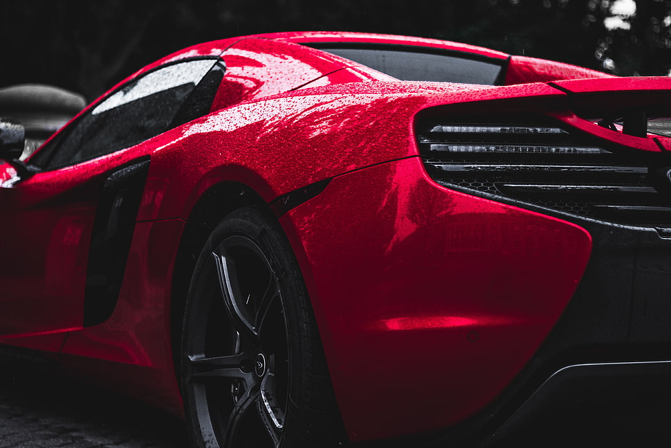 red McLaren MP4 12-C sports car, sports car, Super Car , car, water drops HD wallpaper