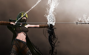 female character wearing brown and black clothing while holding white and black bow and arrow HD wallpaper