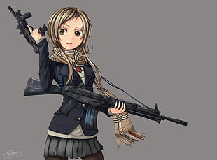 woman anime character holding assault rifle illustration HD wallpaper