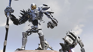 silver robot holding black spear HD wallpaper
