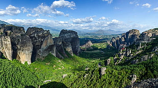 aerial view of mountain, landscape, rocks, forest