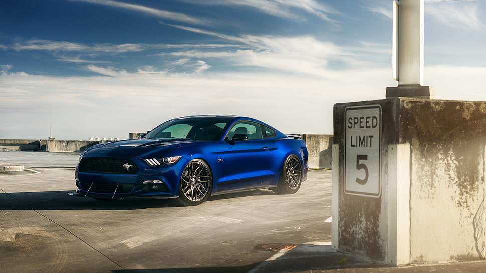 blue coupe near Speed Limit 5 signage during daytime HD wallpaper