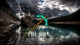 Diamond Minecraft pickax with body of water and snow rock mountain HD wallpaper