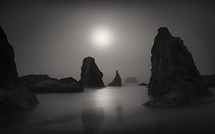 grayscale islets surrounded by fog wallpaper, landscape HD wallpaper