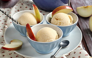 three ice cream with apple served on blue cups, ice cream HD wallpaper