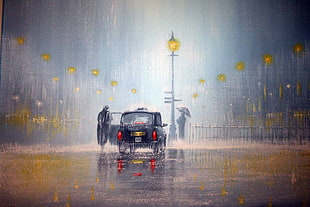 black car in middle of street while raining painting, car, rain, taxi, England HD wallpaper