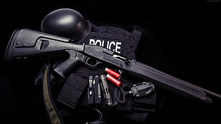 black shotgun, black police tactical vest and shotgun shells with black background HD wallpaper