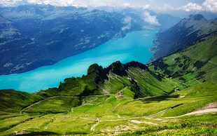 aerial photo of green mountain beside body of water, landscape, mountains, nature