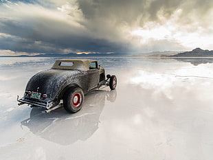 vintage black car, landscape, car, reflection, mountains HD wallpaper