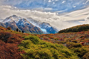 green grass field near snow covered mountains under whit cloudy sky during daytime, argentina HD wallpaper