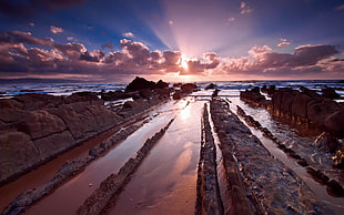 brown rocks, nature, sunset, sea, clouds