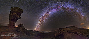 mountain canyon field, sky, stars, desert, landscape HD wallpaper