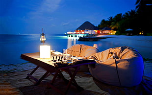 two white bean bags, sea, vacation, beach