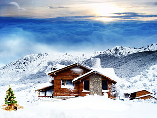 brown and white concrete house, cabin, mountains, snow HD wallpaper