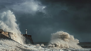 blue body of water, water, lighthouse, waves, landscape