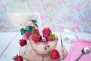 strawberry fruits, Strawberry, Berries, Milk HD wallpaper