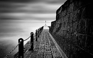 grayscale photography of chain fence, photography, water, sea, monochrome