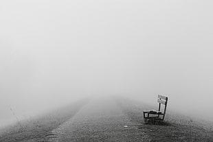 gray bench, mist, bench, path HD wallpaper