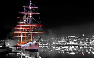 selective color of sail boat, ship, digital art, selective coloring