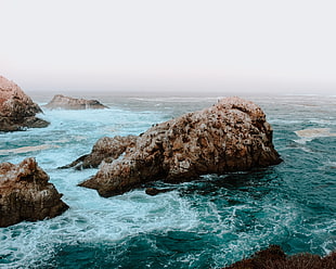 brown stone mountain, nature, water, waves, birds