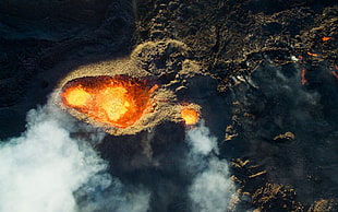 illustration of volcano, drone, Jonathan Payet, France, lava HD wallpaper