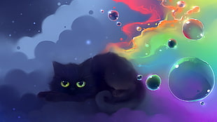 black cat painting, cat, bubbles, artwork HD wallpaper