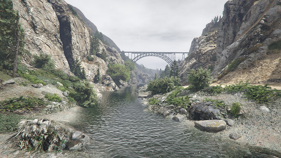 gray concrete bridge, Grand Theft Auto V, video games, river, bridge HD wallpaper