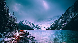 mountains covered with snow, mountains, lake, snow, water