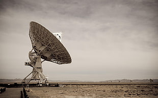 gray satellite, desert, sky, landscape, antenna HD wallpaper