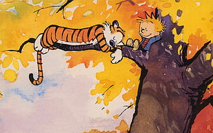 tiger lying on tree cartoon illustration, Calvin and Hobbes, comics HD wallpaper