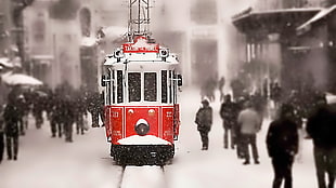 shallow focus photo of red and white train, Turkey, tram, snow, Istanbul HD wallpaper