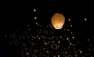 black and white polka dot textile, night, lights, paper lantern