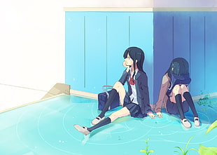 female anime character illustration, yuri, school uniform HD wallpaper