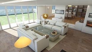 white leather sofa set, couch, shelves, interior design, window HD wallpaper
