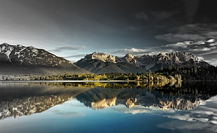 glacier mountains, spring, lake, mountains, forest