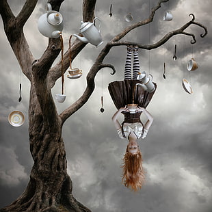surreal painting of woman hanging upside down on tree with hanging tea ware HD wallpaper
