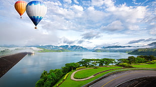 two white and orange hot air balloons, hot air balloons