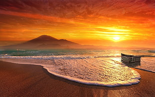 brown wooden house, beach, sunset, mountains, mist