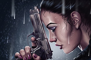 black haired woman with silver semi-automatic pistol on rain animation illustration HD wallpaper