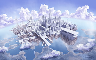 flouting city digital wallpaper, Pixiv Fantasia, building, sky, clouds HD wallpaper