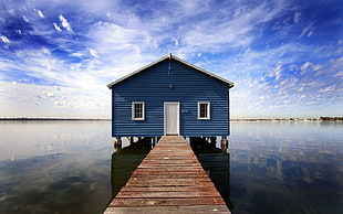 blue wooden house, lake, nature HD wallpaper